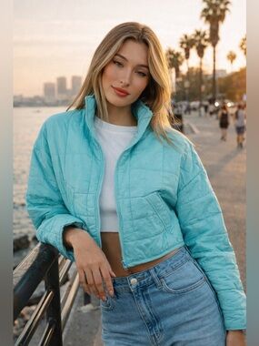 LeLis Move Aqua cropped puffer jacket. Lightweight quilted zip